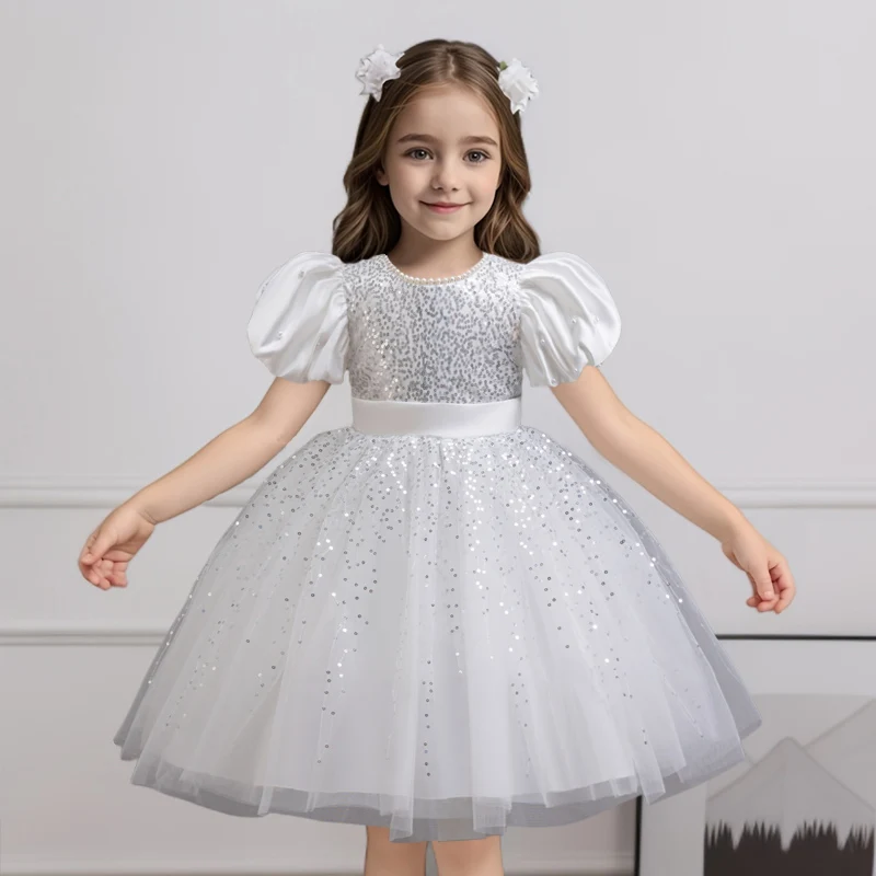 

Girl's Flower Princess Dresses 3-12 Years White Bow Lace Mesh Dress Carnival Birthday Party Performance Gown