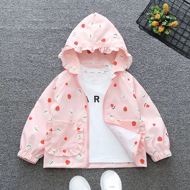 2024 Spring and Autumn Girls Children\'s Leisure Printing Rabbit Pocket Hooded Zipper Coat Children\'s Clothing 6M-6Y