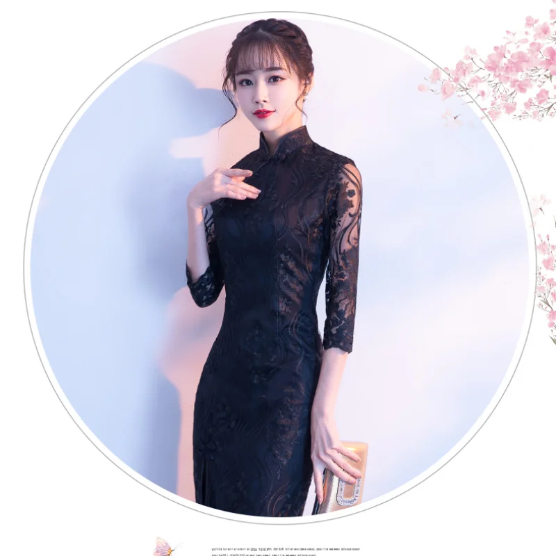 High Quality Womens Black Dress Female Cheongsam Slim Chinese Style Traditional Dresses Qipao for Women Party