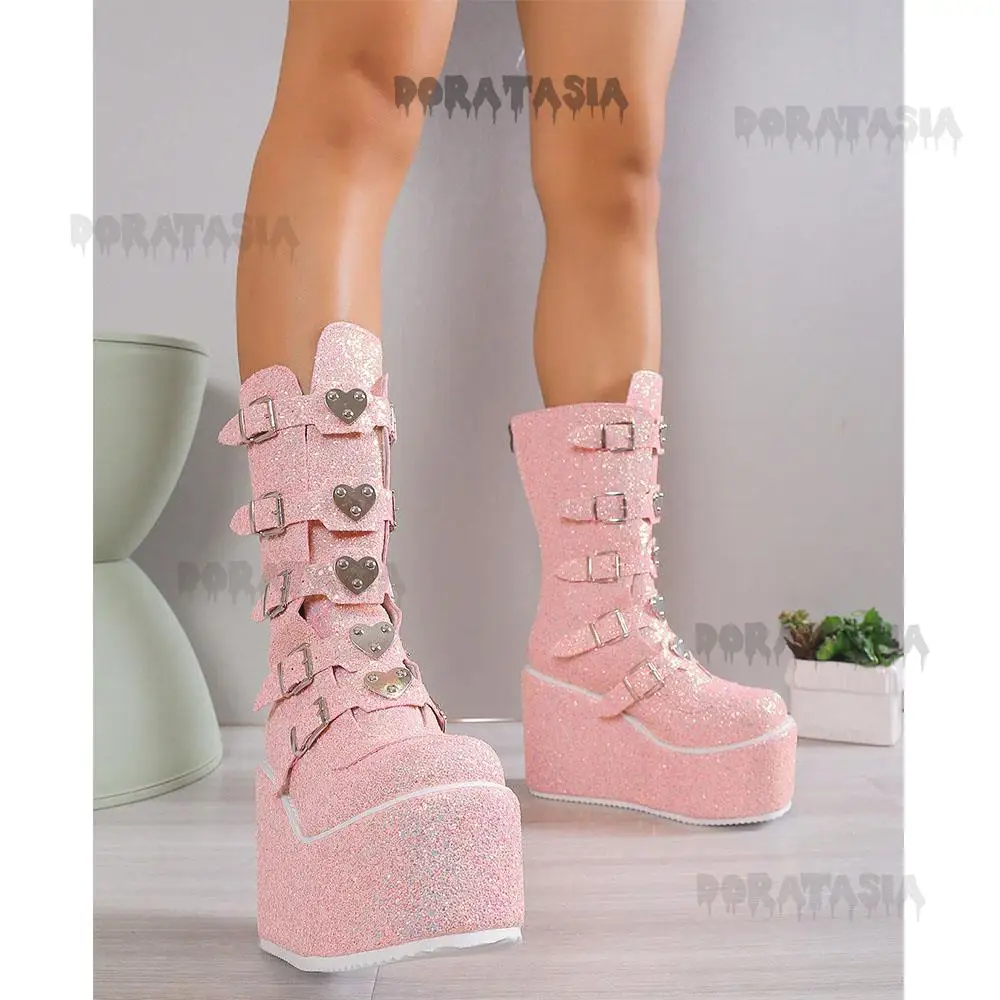 

Platform Women Motorcycle Boots Metallic Bling High Wedges Heeled Heart Buckle Mid Calf Shoes Punk Goth Cosplay Holloween Boots