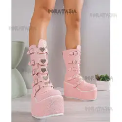 Platform Women Motorcycle Boots Metallic Bling High Wedges Heeled Heart Buckle Mid Calf Shoes Punk Goth Cosplay Holloween Boots