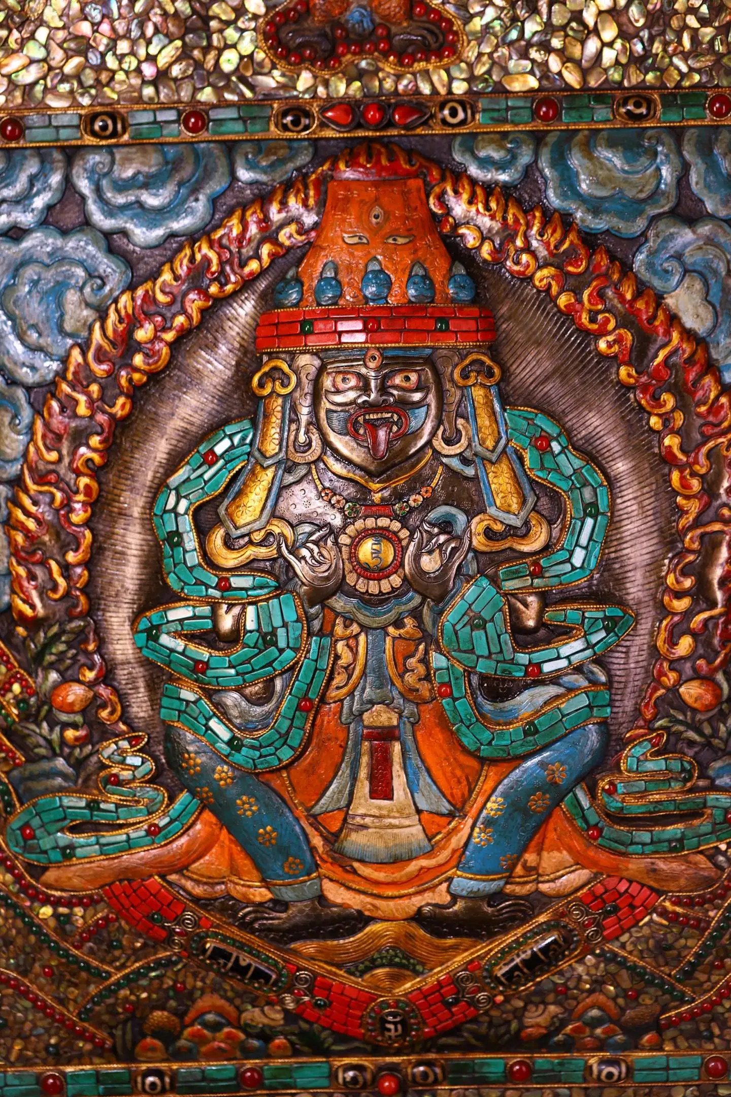 wooden frame Old Sky Iron Painted Mosaic Gem gZi Beads Turquoise Zakila Buddha Thangka Six-syllable mantra hanging panel