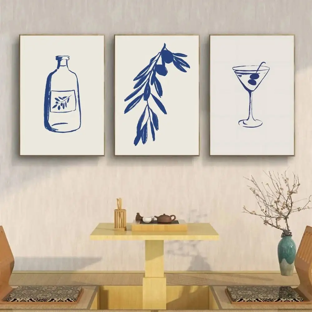Navy Blue Minimal Line Art Paper Poster Mediterranean Shell Palm Olive Martini Print Neutral Beige Coastal Wall Decor Unframed