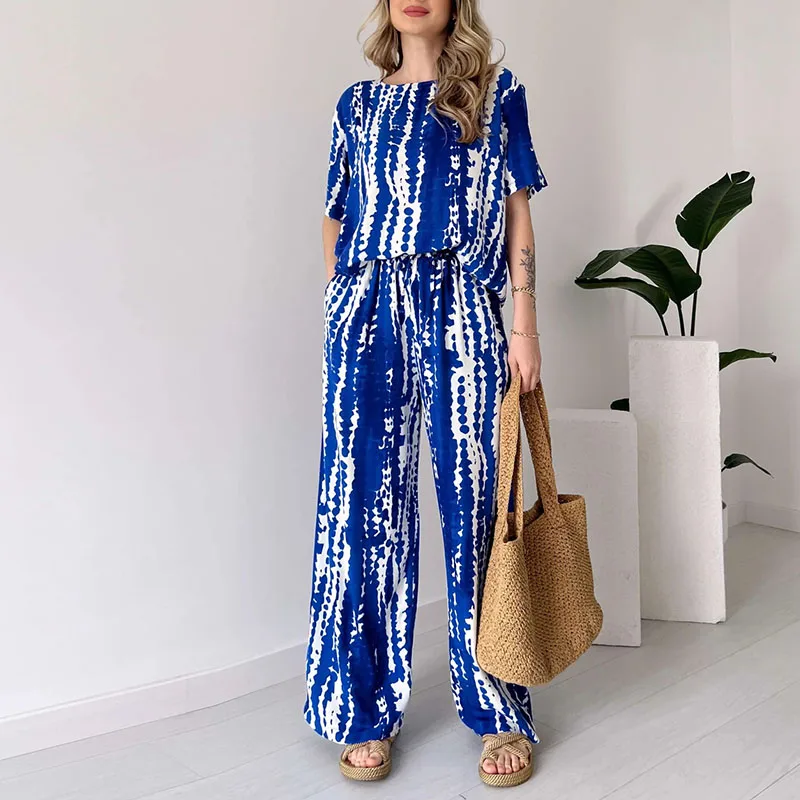 

Women Casual Printed Two Piece Sets Elegant O-neck Short Sleeved Top and Long Pants Suit 2024 Summer High Street Fashion Outfits