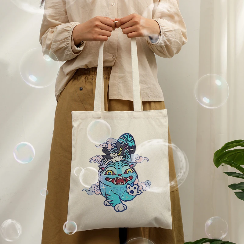 Vintage Chinese Mythical Beast Cat Canvas Tote Bag Oriental Cloud Graphic Reusable Canvas Shoulder Shopping Handbag