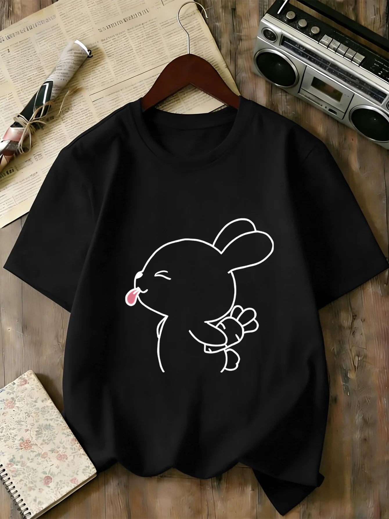 Women Summer Tee Simple Tongue Out Rabbit Line Art Print Short Sleeve Crew Neck Top Soft Casual Daily Outdoor Clothing Clearance