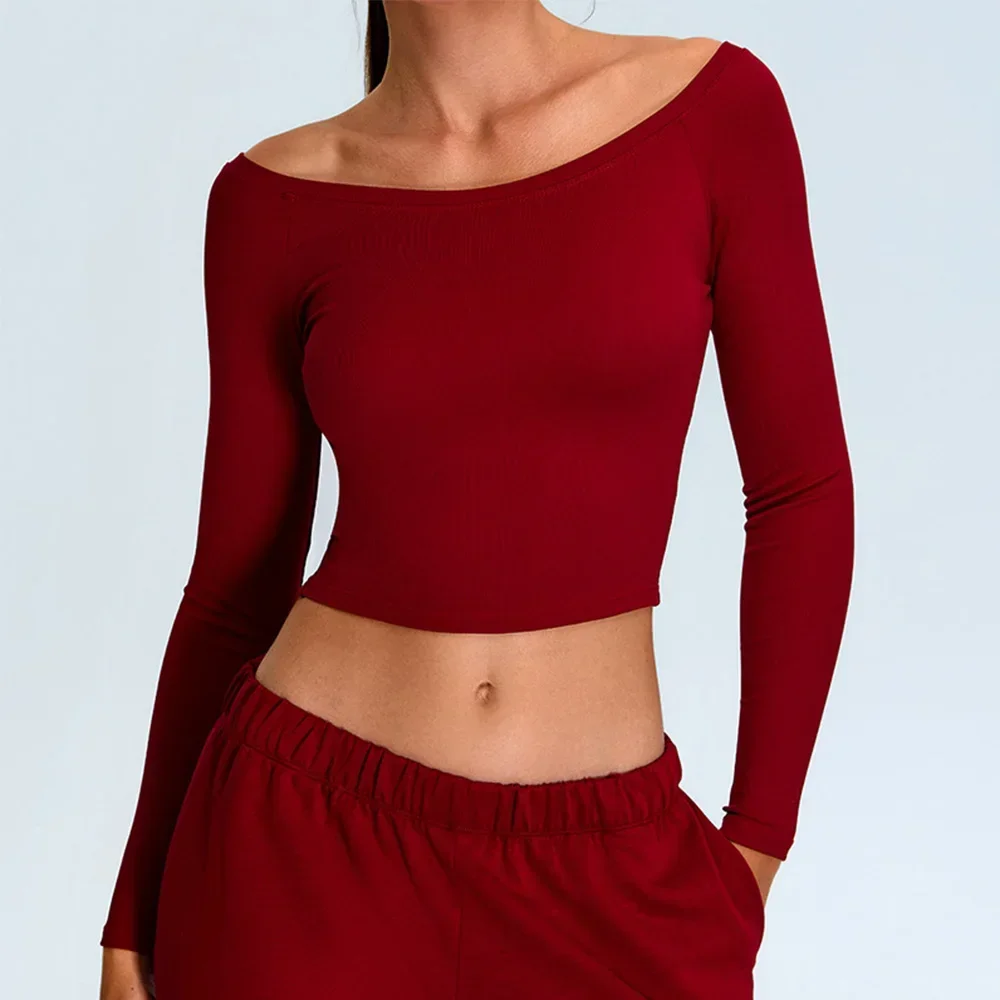 Off Shoulder Long Sleeve Yoga T-shirts Women Solid Sports Tops Gym Workout Running Shirts Sexy Quick Dry Fitness Gym Sport Wear