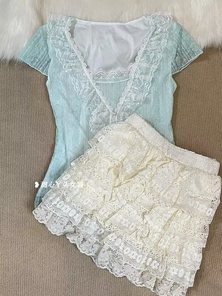 New Fashion Retro Elegant Sweet Cute Lolita Lace 2 Piece Set Women Short-sleeved Y2k Tops + Mini Cake Kawaii Mini Skirt Outfit