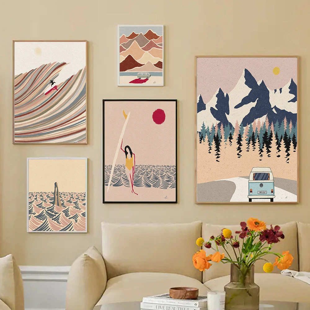 Surfer Wave Canvas Painting Floating Woman Prints Abstract Landscape Beach Swim Posters Home Art Decor Pictures for Living Room