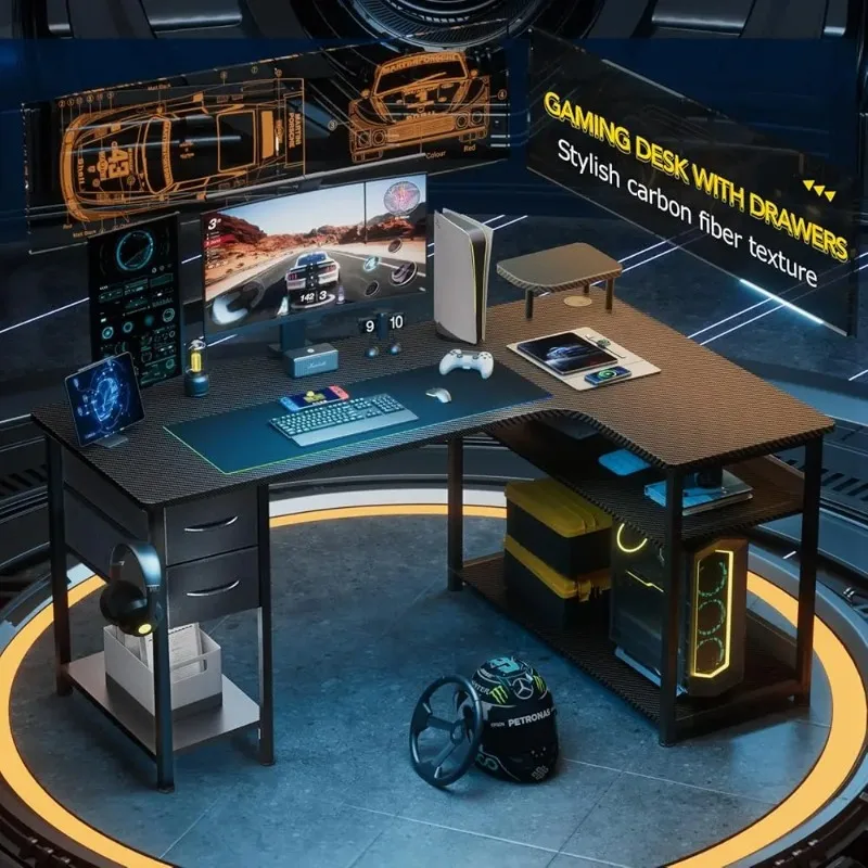 مكتب ألعاب مع أدراج، مكتب كمبيوتر على شكل حرف L من ألياف الكربون متوافق مع طاولة ألعاب مكتبية بذراع الشاشة