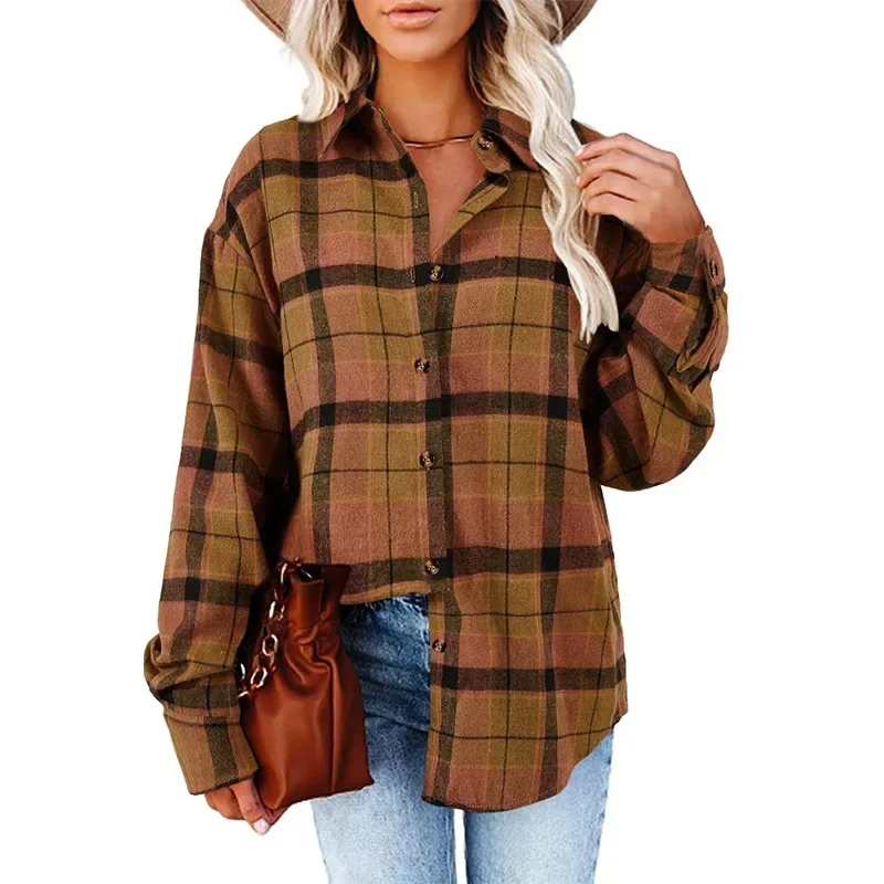 

Women Spring Autumn Flannel Jacket Female Checkered Contrast Drawstring Hooded Casual Shirt Coat Women Oversize Windbreakerc