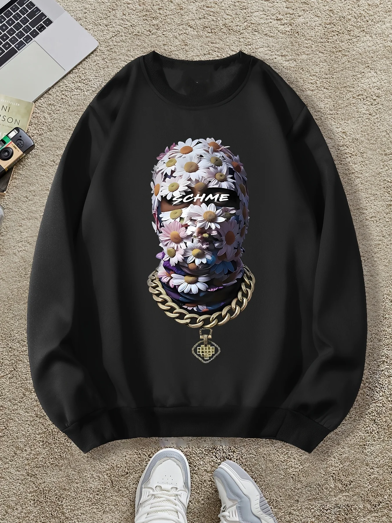 

Vintage Floral Mask Pattern Printed Autumn and Winter Men's and Women's Long Sleeved Sportswear Sweatshirt Casual Loose Outdoor