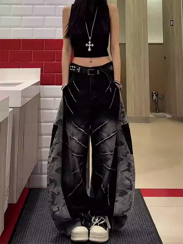 Damen Jeans Dark Academia Patchwork Baggy Herren Jean 2000er Jahre Goth Denim Hose Y2k Wide Fit Lange Hose Japanisch Harajuku Neu In