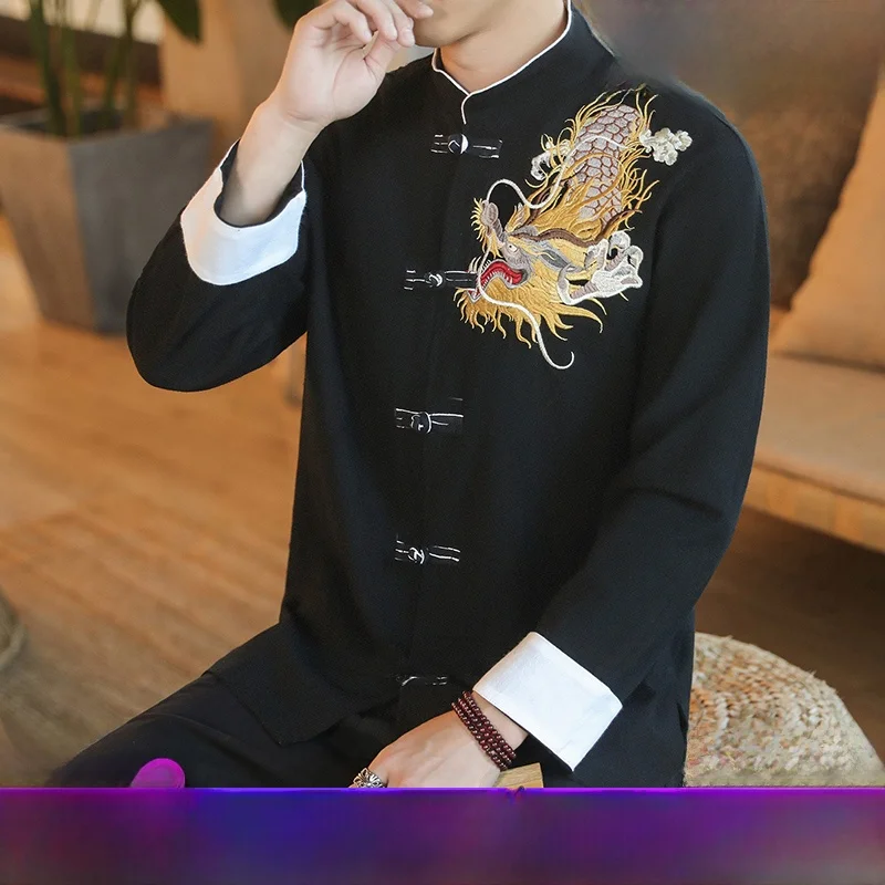 

Young Chinese Style Massage Therapist Workwear Men's Tang Suit New Fashion Urban Standard Fit Long Sleeve Shirt Embroidered