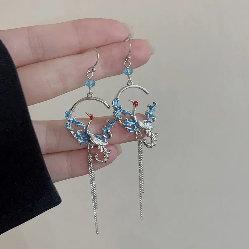 Vintage Enamel Crane Dangle Earrings for Women Chinese Style Crystal Fan Long Tassel Earring Temperament Party Jewelry Gift