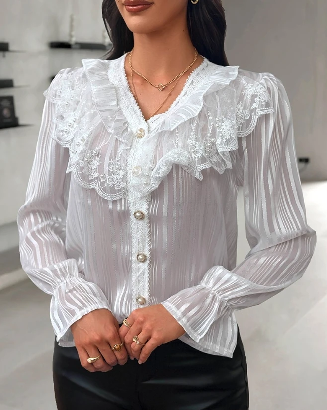 

Fashion Blouses Top for Women 2023 Elegant Buttoned Contrast Lace Trim V-Neck Bell Sleeve Top Solid Color Casual Loose Shirt Top