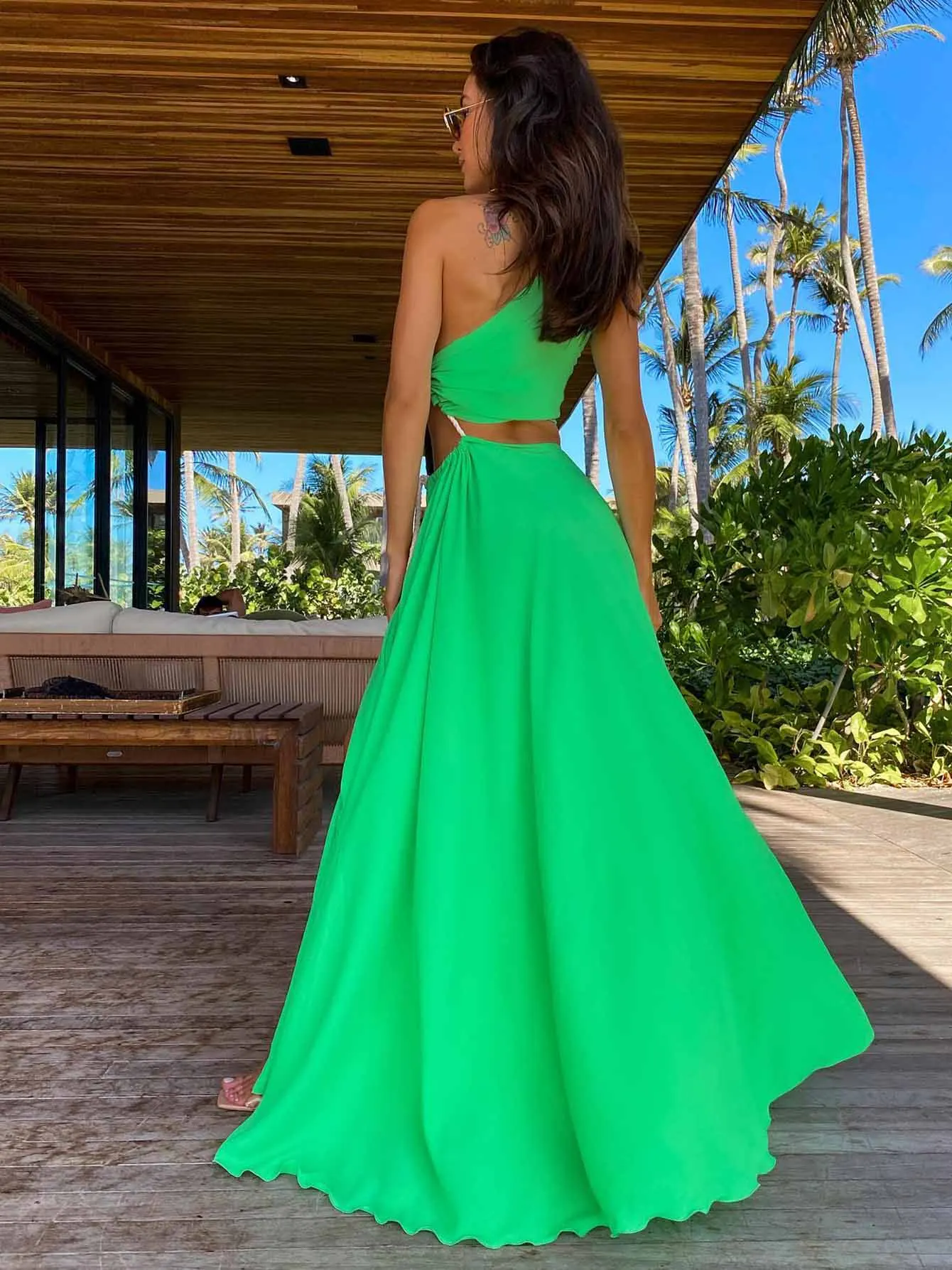 2024 Fashion One Shoulder Green Long Dress Women Hollow Out Bodycon Summer Beach Dresses Side Split Wedding Party Vestidos Mujer