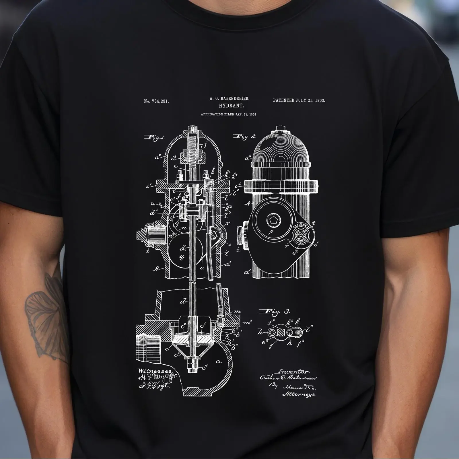 1903 US Patent Fire Hydrant Blueprint T Shirt Unique for Firefighter Fireman Department History Enthusiast vintage Washed