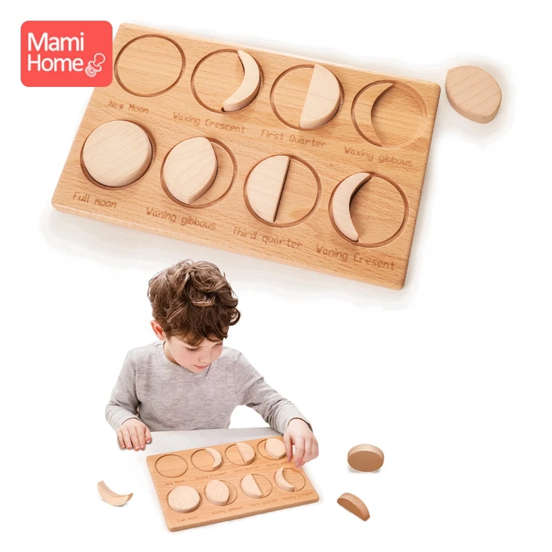 1Set Baby Montessori Science Toys Wooden Moon Puzzle Board  8 Moon Phases Changes Moon Figures Puzzle Children\'s toys Baby Birth