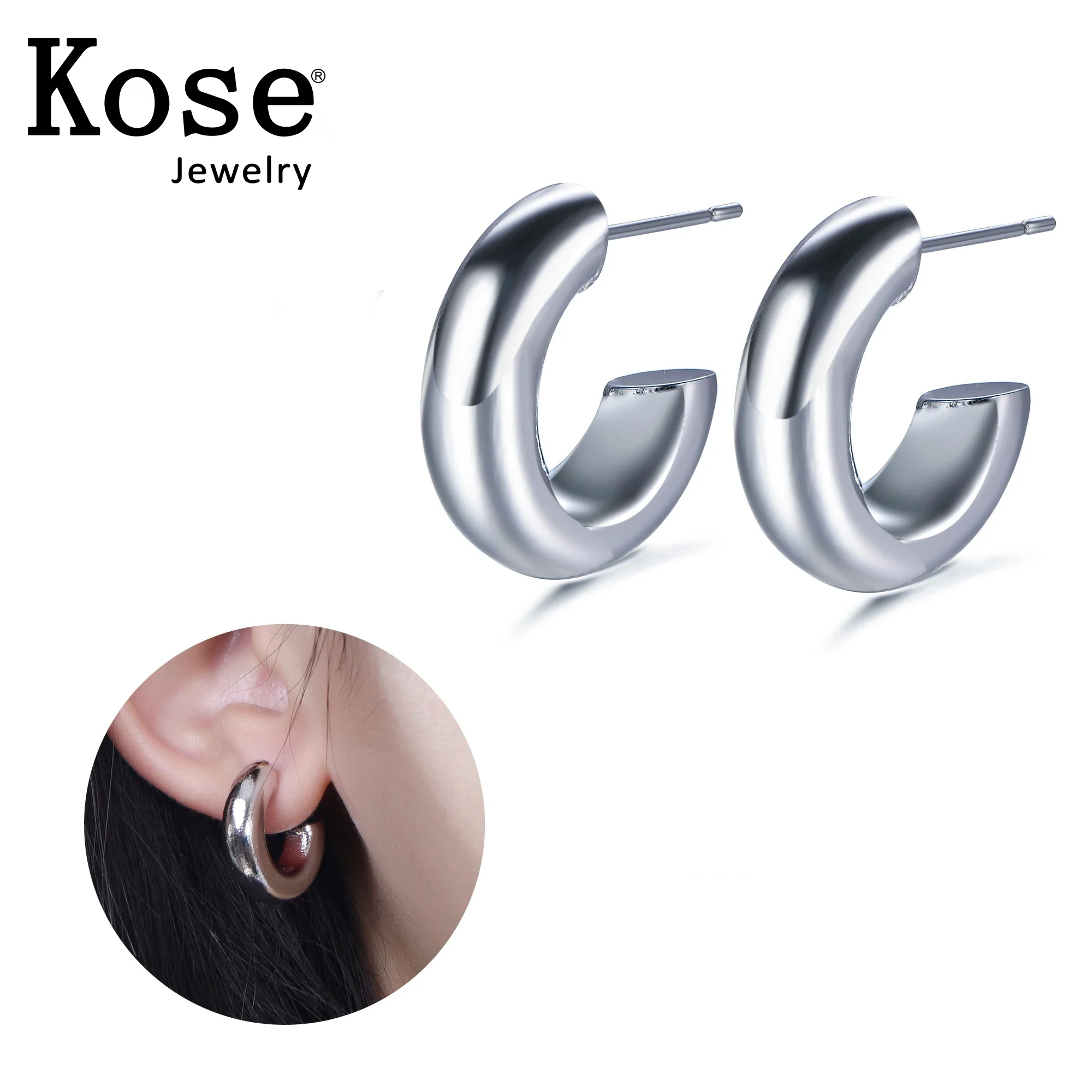 KOSE 14K Gold Silver C-Shaped Hoop Earrings Circle Round Huggie Hoops Stacked Ear Jewelry For Women