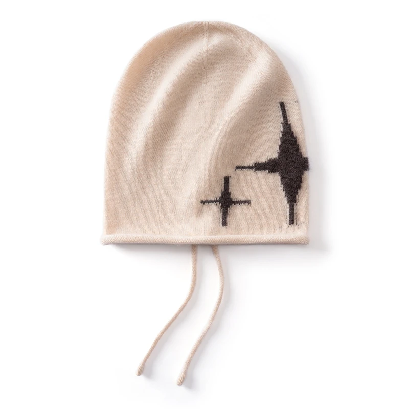KOIJINSKY Cross Jacquard Drawstring Knit Beanie Hat Women Men Cashmere Feel Warm Skullcap Adjustable String Street Fashion Winte