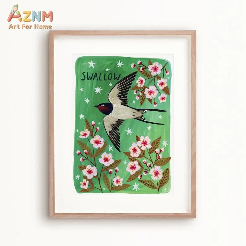 AZNM Swallow Bird Canvas Print Green Background Cherry Blossom Floral Star Folk Art Wall Poster Unframed Vintage Botanical Home