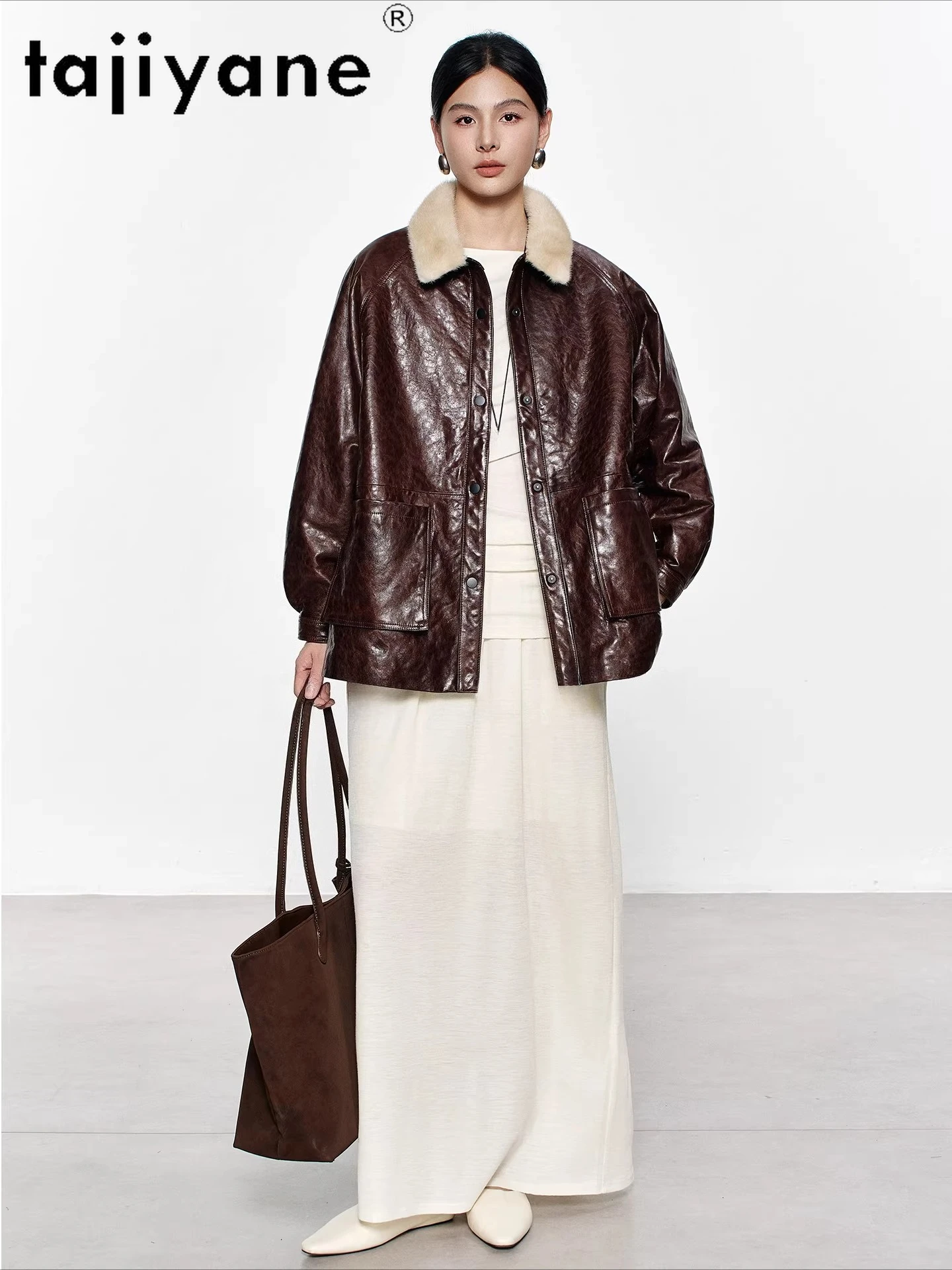 TAJIYANE Öl Wachs Schaffell Gänsedaunen Mantel Frau Nerz Pelz Kragen Mäntel Echt Leder Puffer Jacke 2025 Winter Kleidung Nayeка