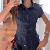 Chemisier court ajusté à rayures vintage pour femme, chemise boutonnée à manches courtes, col chemise, élégante pour le bureau 4