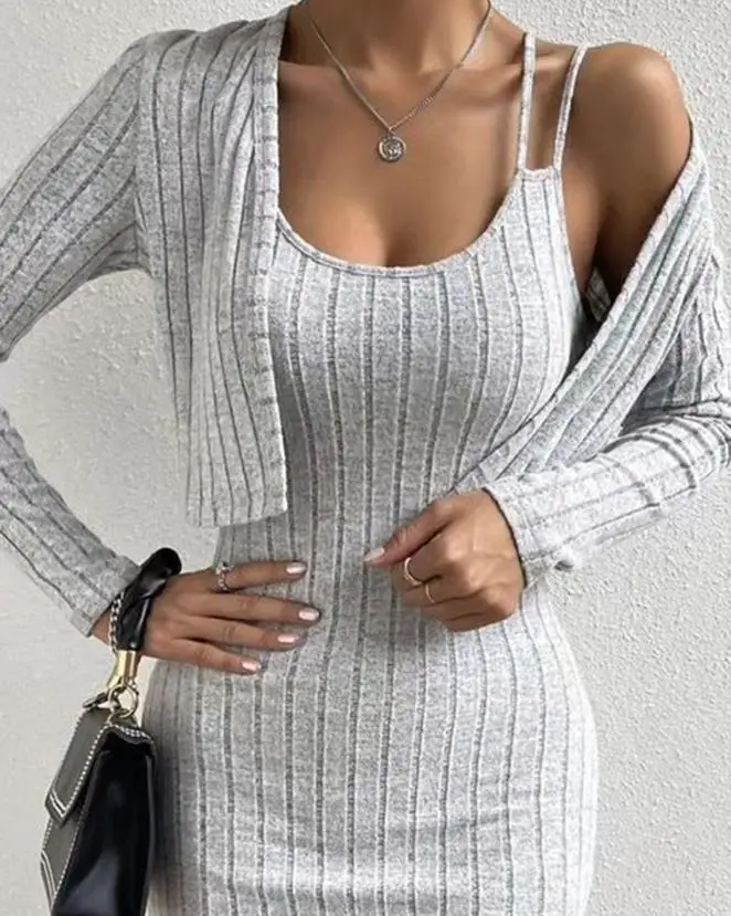 Ribbed Double Straps Tight Fitting Dress and Cardigan Set New Fashion 2023 Best-Selling Women's Clothing