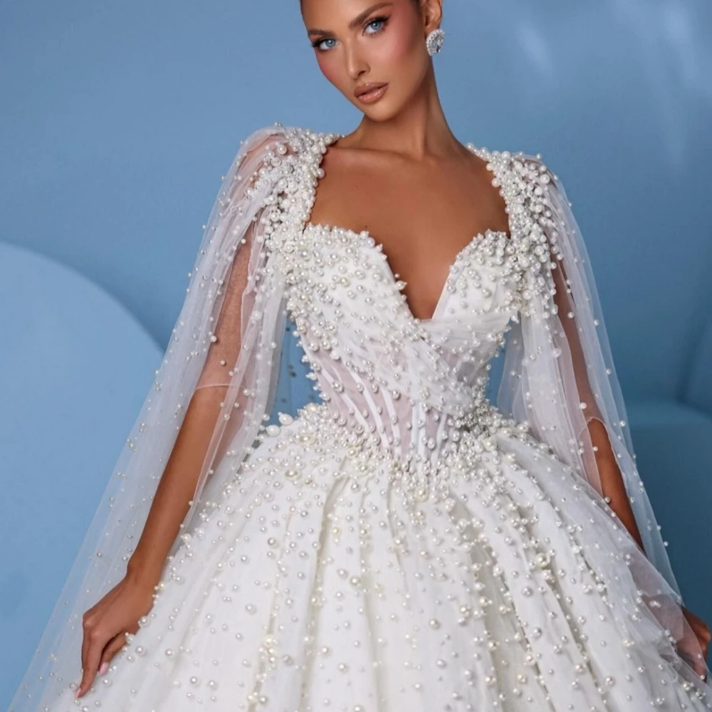 Luxury Shiny Pearls Wedding Dress Sexy Deep V-neck Bride Robe With Jacket Graceful Ball Gown Long Bridal Gown Robe De Mariée