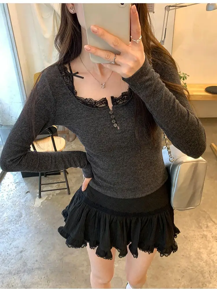 

Корейский женский серый кружевной круглый вырез, праздничный короткий свитер на пуговицах, осенне-зимний вязаный пуловер с длинными рукавами, популярный тренд