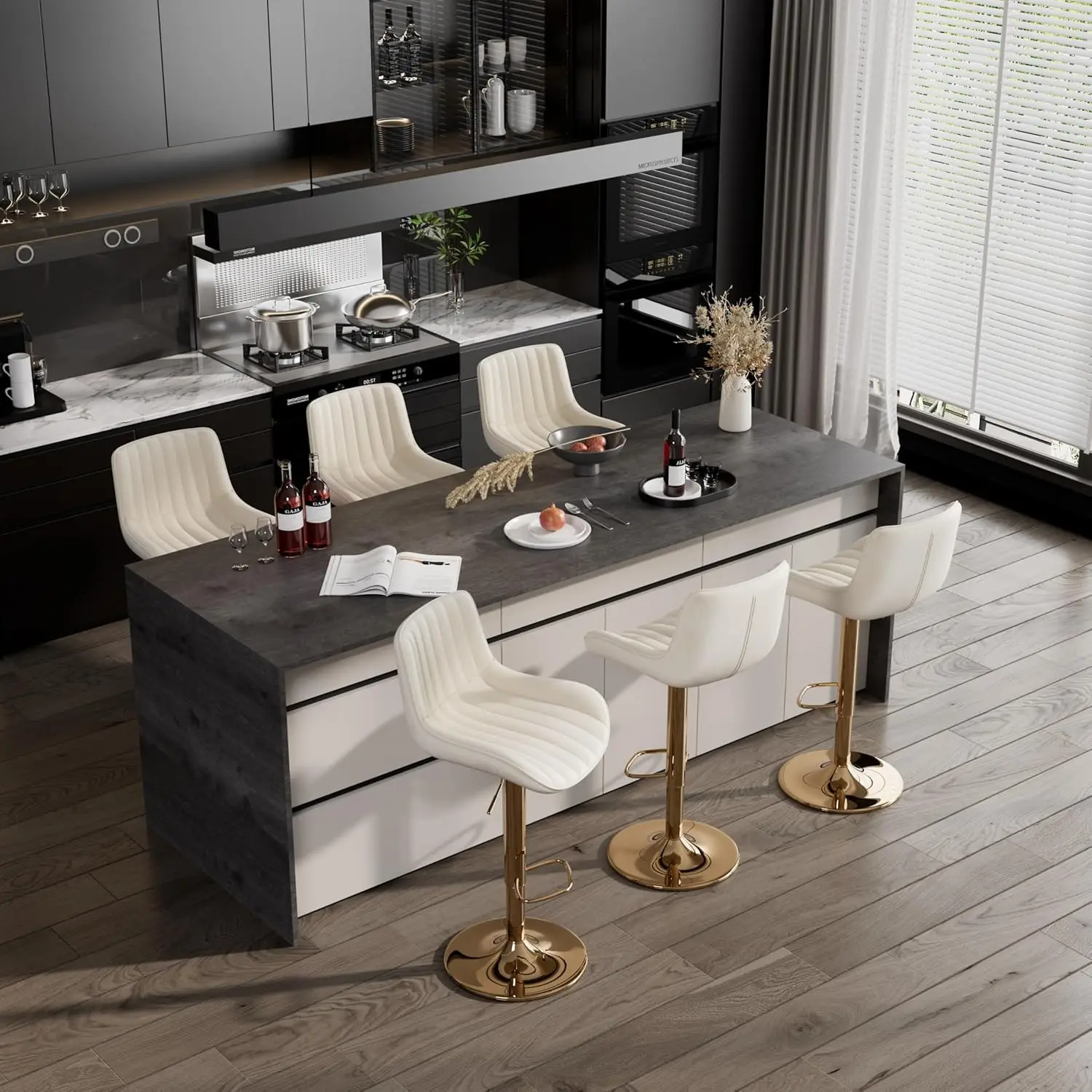 

Набор из 6 барных стульев, современные поворотные барные стулья, регулируемые барные стулья с обивкой из вельвета, высота до столешницы, с спинкой, на заказ