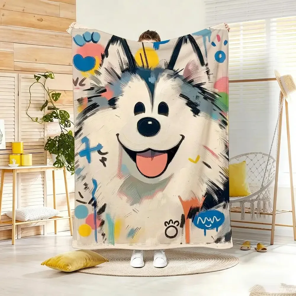 Painting Cute Husky Art Throw Lightweight  Flannel Blanket Soft Skin-friendly for Summer Cooling