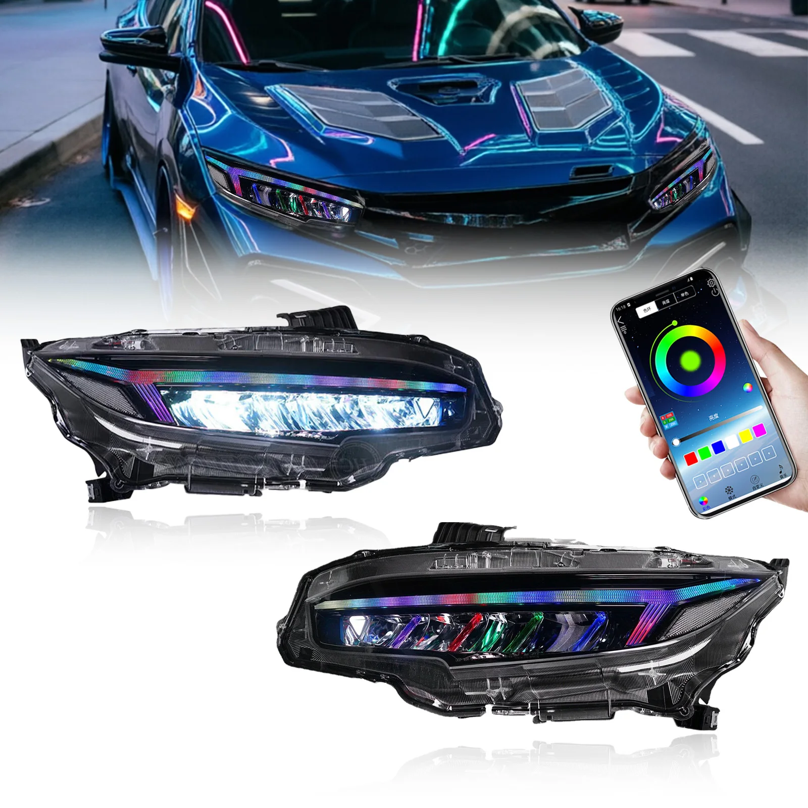 2016-2021 10th Gen For Honda Civic LED RGB Sequential Headlights Assembly Lamps