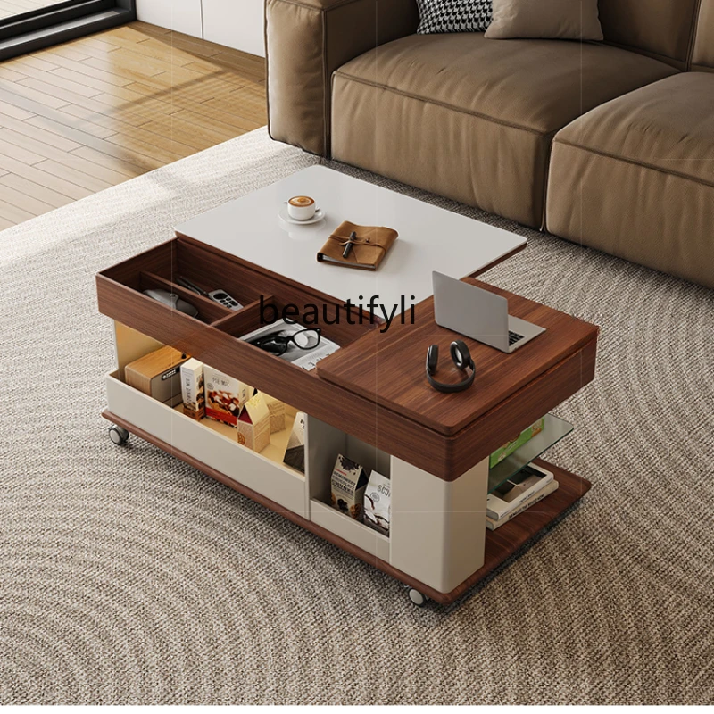 

Portable Coffee Table Small Apartment Living Room Home Stone Plate Trolley Lifting New Sofa Side Table Light Luxury Advanced