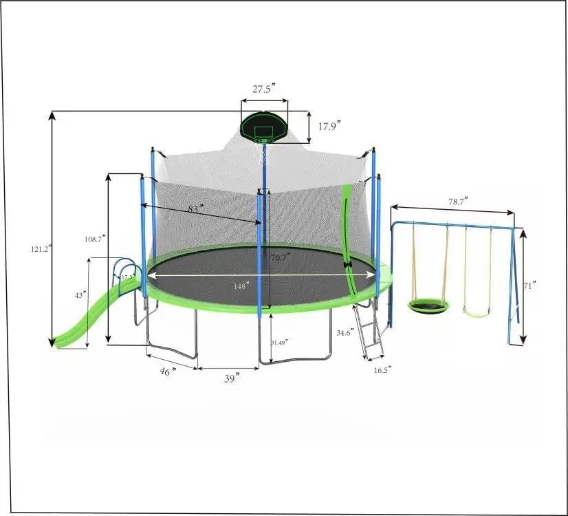 14FT 800 LBS 4-in-1 Trampoline with Slide and Swings, ASTM Approved Large Recreational Trampoline with Basketball Hoop and Ladde