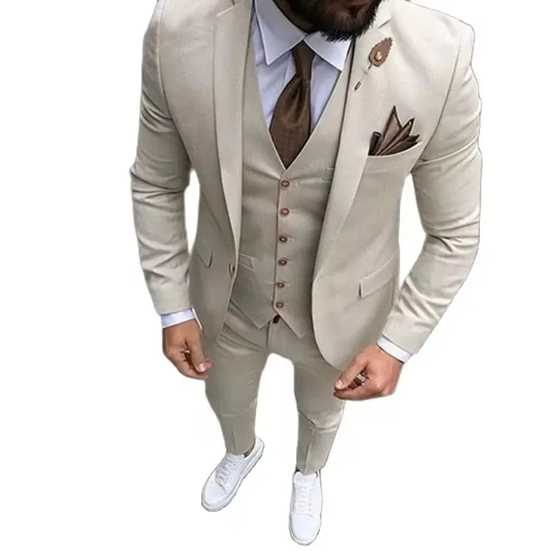 

Latest Coat Pant Designs Beige Men Suit Prom Tuxedo Slim Fit 3 Piece Groom Wedding Suits For Men Custom Blazer Terno Masuclino