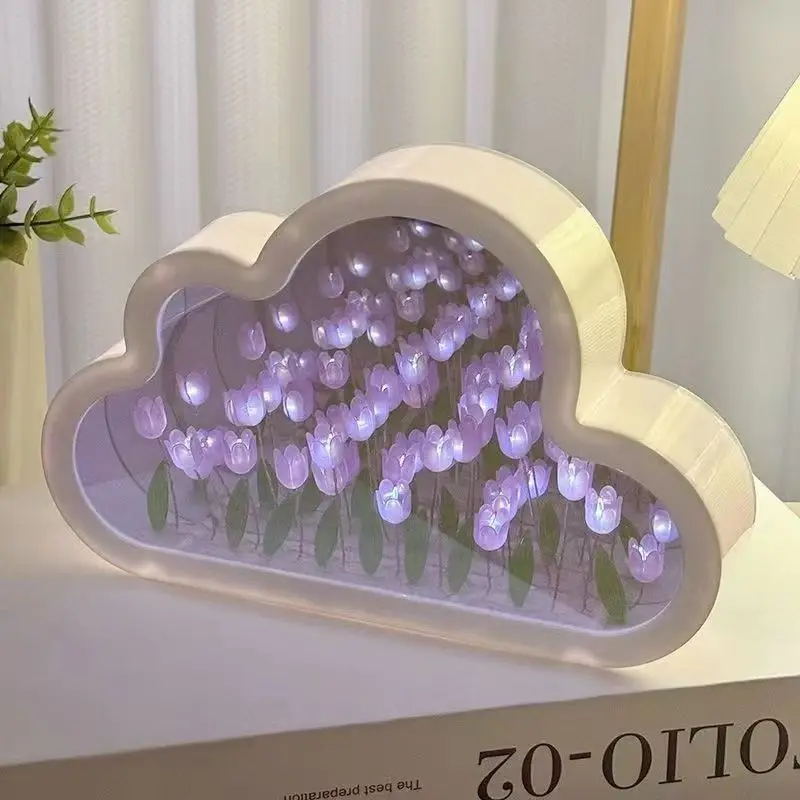Creative Cloud Tulip Night Light DIY Handmade Mirror Flower Sea Atmosphere Lamp Desktop Decoration Birthday Holiday Gift