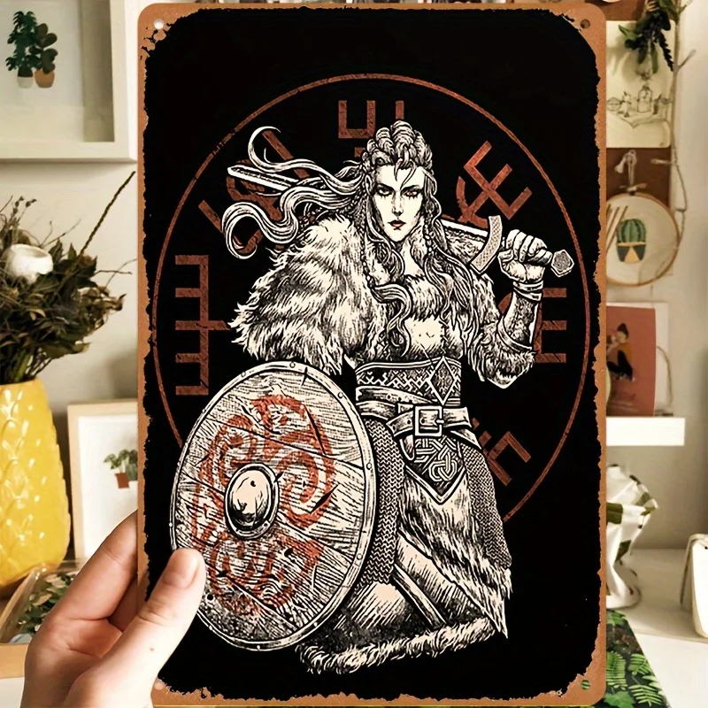 Viking Shield Woman Nordic Metal Wall Art -  Retro Sign with Intricate Norse Design, High Quality & Dustproof Home Bar Cafe Deco
