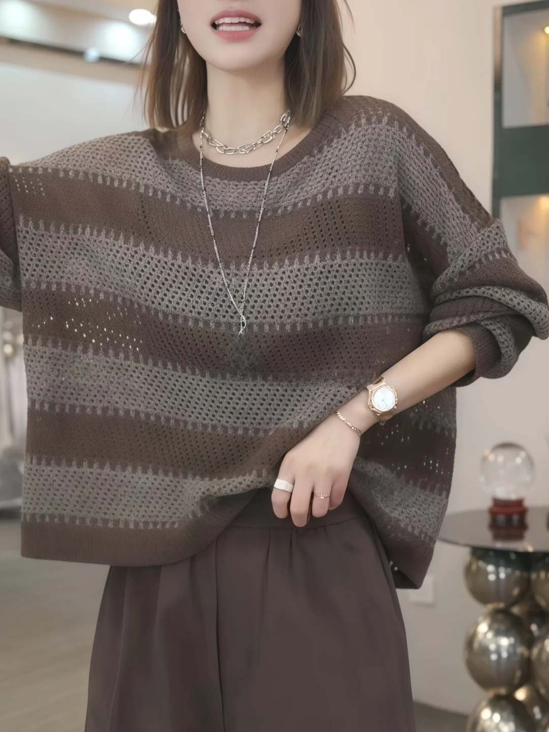 

High-End Autumn Long Sleeve Striped Hollow Knitwear round Neck Loose Fit Daily Top for Women Comfortable Breathable Cotton Linen