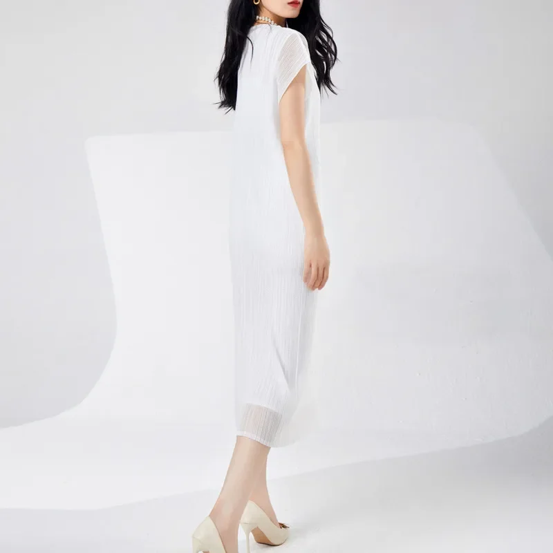 Miyake 2025 verão nova onda moda casual dupla camada design solto vestidos femininos em torno do pescoço manga curta vestido sólido