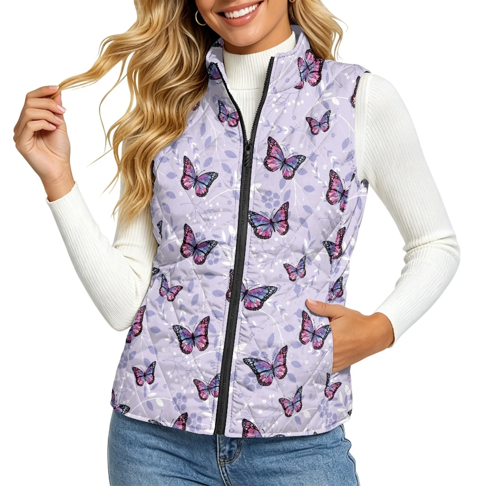 PENSTROLL Purple Butterfly Lightweight Quilted Waistcoat Zipper up Quilted Jacket Vest Women's Quilted Vest for Fall Walking