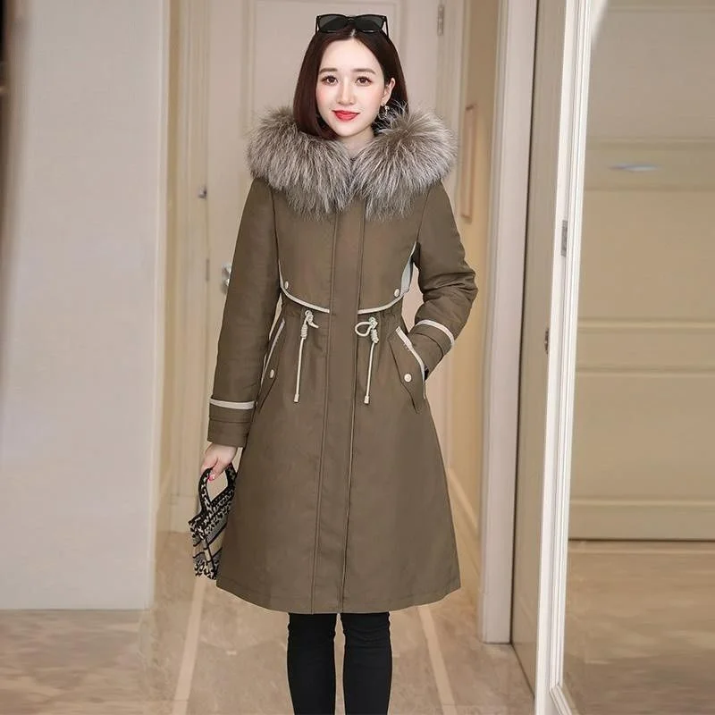 

2023 New Women Down Cotton Coat Winter Jacket Female Mid Length Version Parkas Thick Loose Outwear Artificial Fur CollarOvercoat