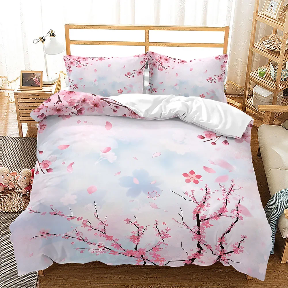 Spring Flowers Duvet Cover Pink Sakura Girls Cherry Blossoms Quilt Cover Floral Polyester for Women Kids for Bedroom Decorations