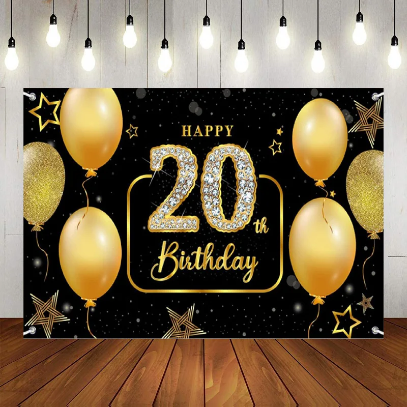 

Happy 20th Birthday Party Balloon Princess Prince Photography Backdrop Banner Decor Blue Cheers Theme Background Poster