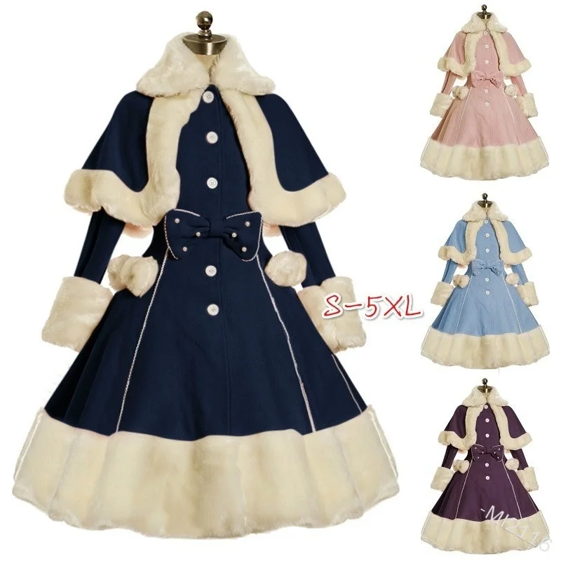 2021 New Women Dress Lolita Dress Girl Skirt Winter burr Lapel Cape  Waist Closing Thickened Princess Dress Vintage Lolita Dress