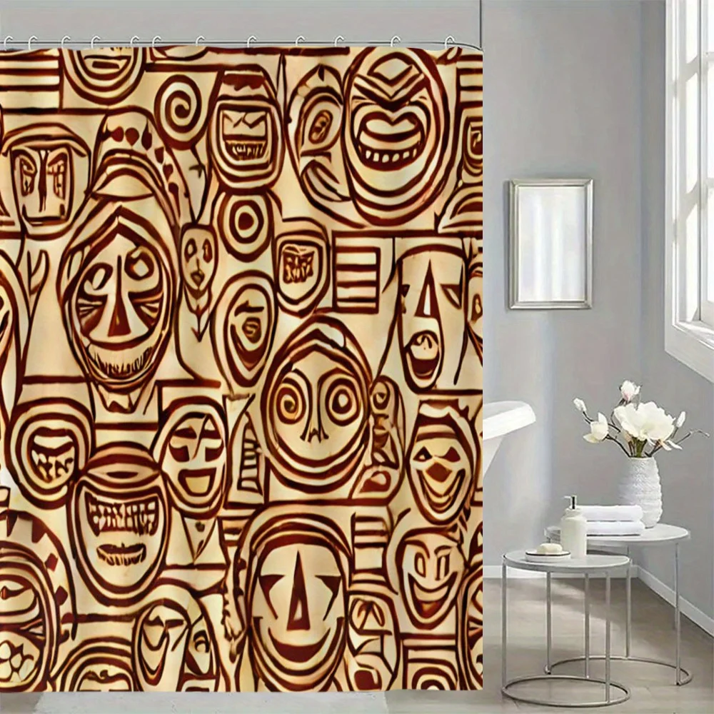 Shower Curtain Abstract Tribal Mask Print – Earth Tone Brown & Cream, Waterproof Polyester, Grommet Top, Boho Bathroom Decor