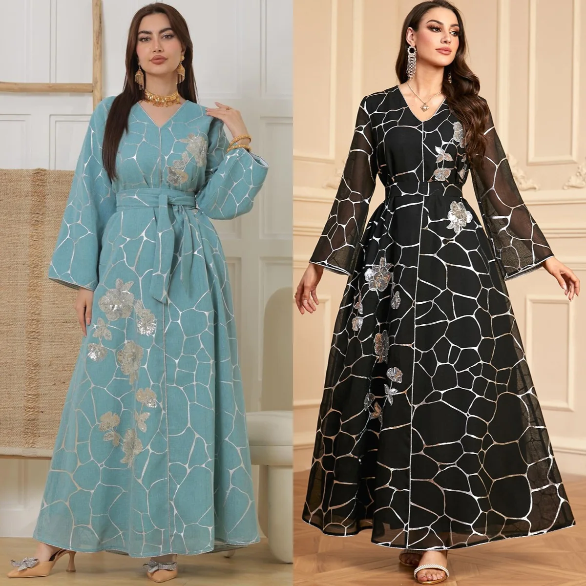 

Mesh Sequins Embroidered Abaya Dress for Women Winter 2024 Middle East Arab Oman Dubai Muslim Moroccan Caftan Party Clothes Eid