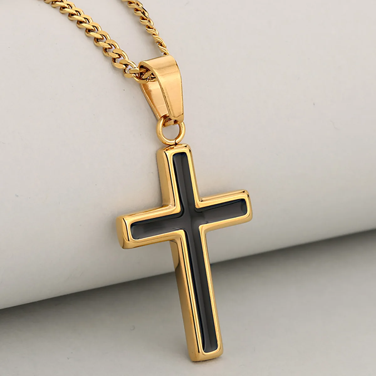 All-Match Trendy Oil-Dripped Two-Tone Stainless Steel Gold-Plated Cross Pendant Necklace for Women and Men