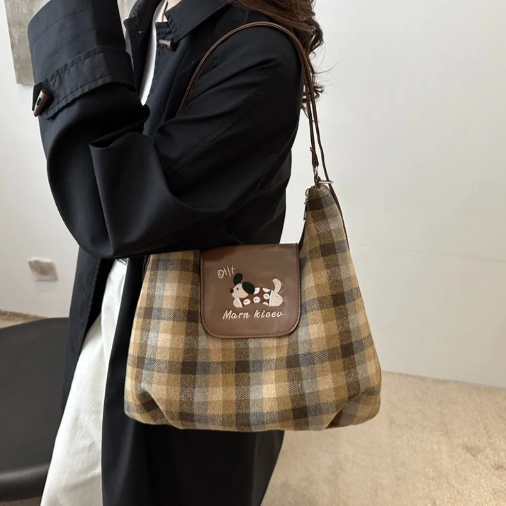 Cute Cat Puppy Backpack Korean Style Cartoon Grid Crossbody Bag Zipper Square Canvas Tote Bag Women